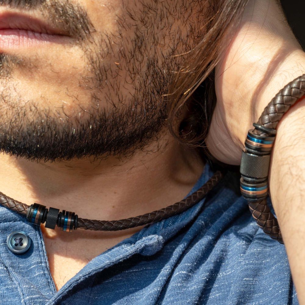 Brown Full Grain Cowhide Leather Braided Bracelet with Multicolor Beads