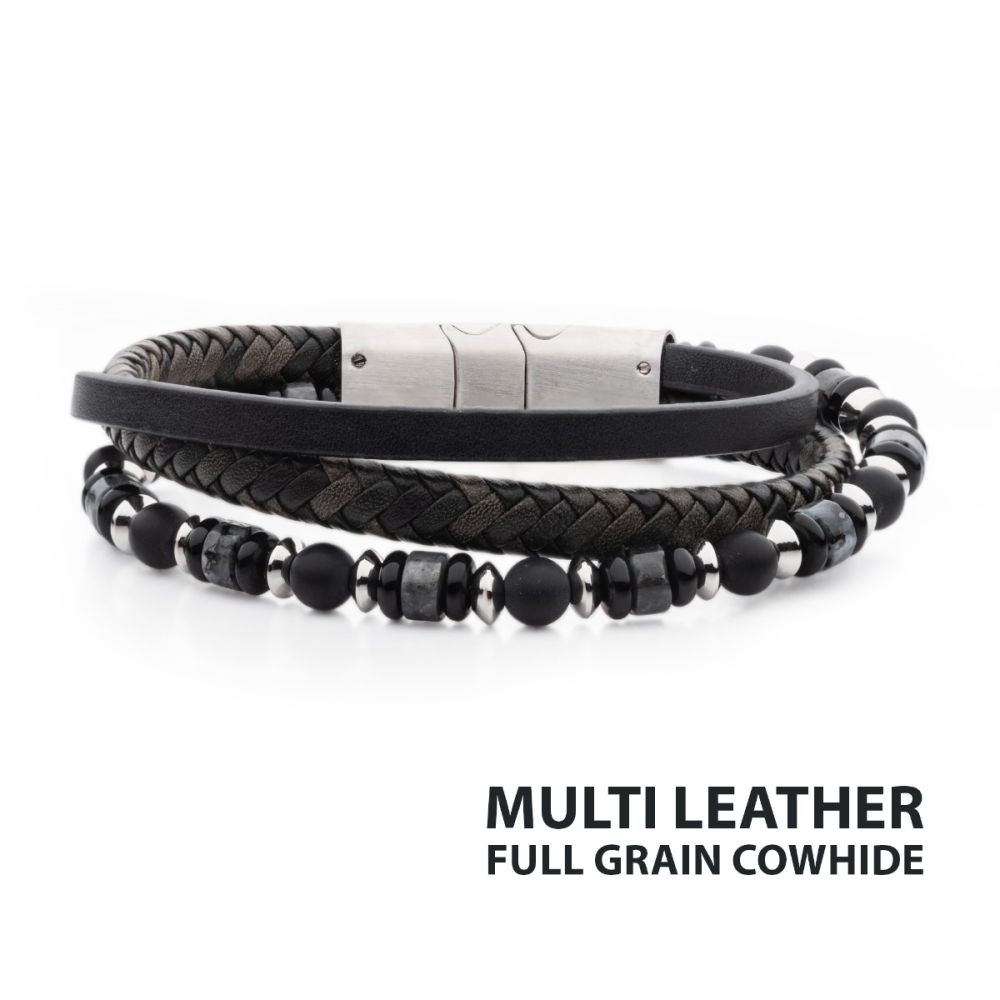 Leather with Black Onyx & White Howlite Stone Bead Multi-Strand Bracelet