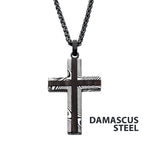 Black IP Stainless Steel Damascus cross with Ebony Wood Inlay